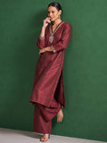 Womens Maroon Mirror-Work Silk Kurta Set