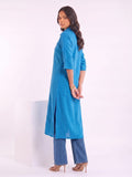 Blue Shirt-Style Kurta Elevated With Chic Contrast Stitch Detailing.