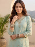 Zari-Embroidered Kurta Paired With Solid Trousers And A Tonal Dupatta .