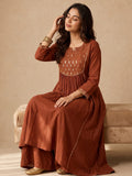 Rust Brown Zari-Work Anarkali Set With Organza Dupatta