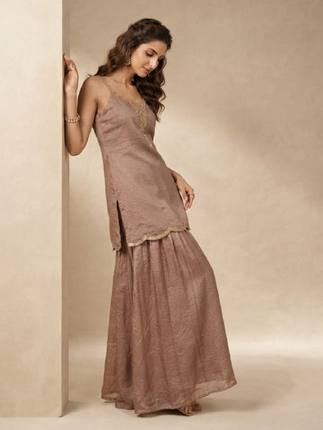 Varanga Women Ethnic Motifs Embroidered Regular Silk Georgette Kurta with Sharara & With Dupatta