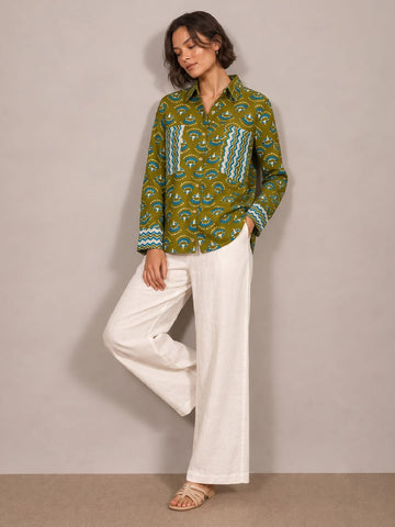 Varanga A Stylish Loose Fit Olive Green Printed Cotton Shirt