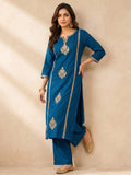 Women's Blue Kurta Set With Strip Dupatta