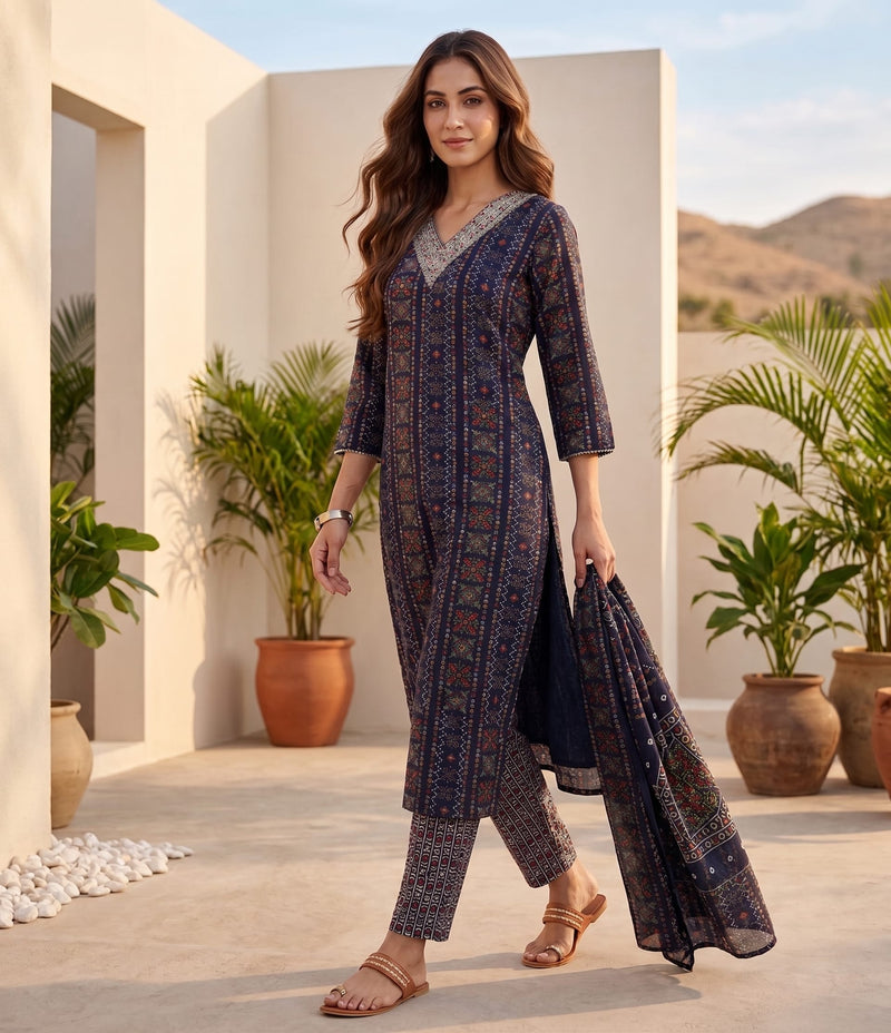 Varanga Women Blue Printed Embroidered Kurta With Bottom And Dupatta