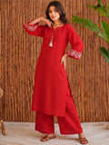 Women Red Embroidered Solid Straight Kurta With Trousers