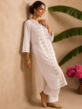 Ivory White Embroidered Kurta With Mandarin Collar And Geometric Thread Work