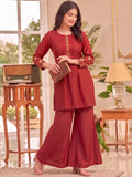 Rust Embroidered Kurta Set, Paired With Tonal Trousers And Dupatta.