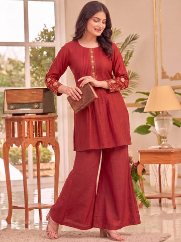 Rust Embroidered Kurta Set, Paired With Tonal Trousers And Dupatta.