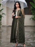 Varanga Women Olive Green Lace Embellished Sleeveless Straight Kurta Paired With Tonal Plazzo And Dupatta
