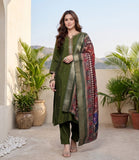 Varanga Women Olive Green Round Neck Kurta With Tonal Bottom & Printed Dupatta