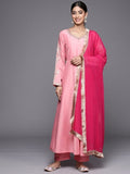 varanga pink ethnic motifs embroidered sweetheart neck round neck kurta with trousers dupatta