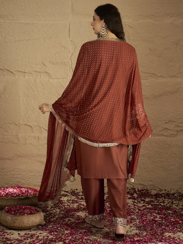 Varanga Women Rust Embroidered Straight Kurta With Bottom And Dupatta