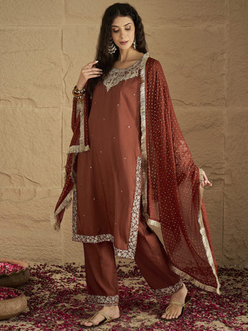 Varanga Women Rust Embroidered Straight Kurta With Bottom And Dupatta