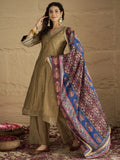 Varanga Women Radiate Festive Charm In This Gold Shimmer Kurta Set With Intricate Lace Detailing, Solid Ankle-Length Trousers, And Printed Dupatta.