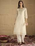 Varanga Women Brocade Gold Round Neck Zari Embroidered Sequins Embellished Kurta Set With Dupatta