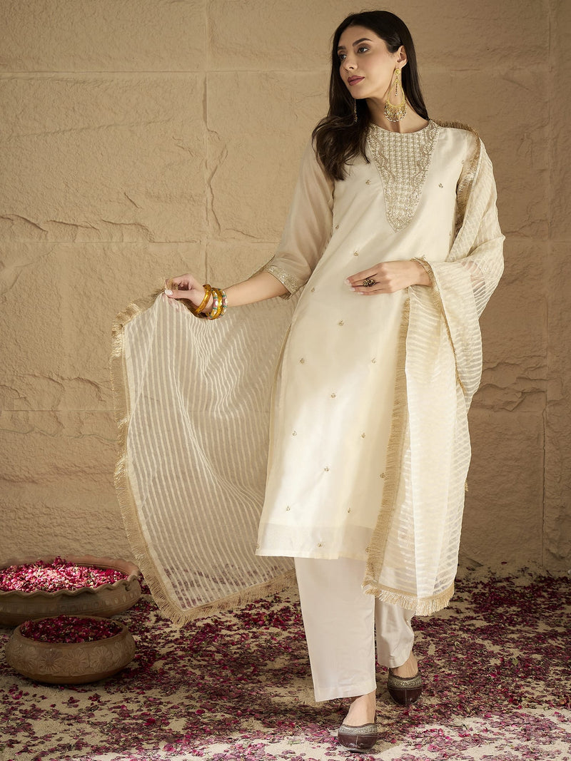 Varanga Women Brocade Gold Round Neck Zari Embroidered Sequins Embellished Kurta Set With Dupatta