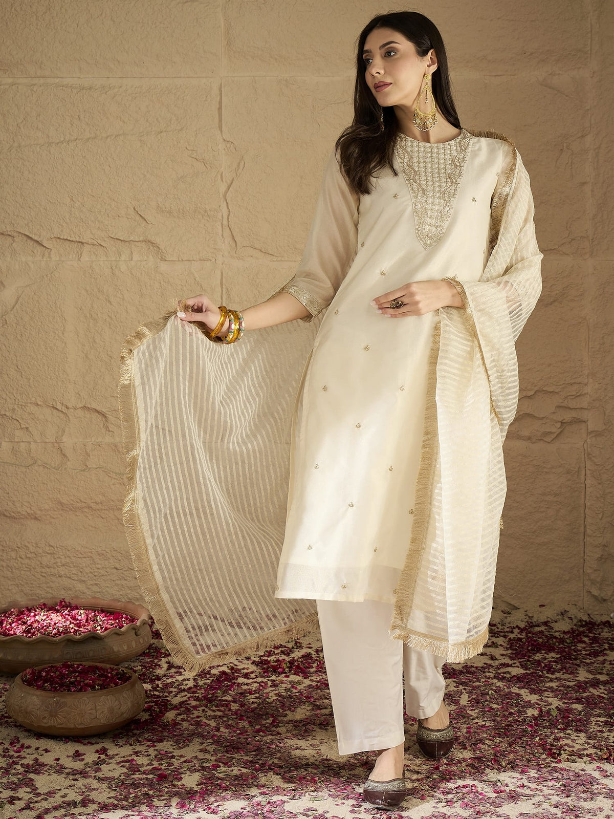 Varanga Women Brocade Gold Round Neck Zari Embroidered Sequins Embellished Kurta Set With Dupatta