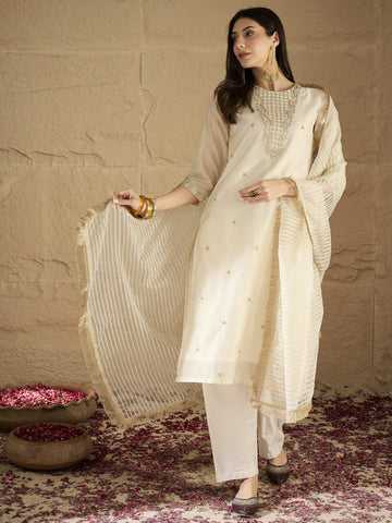 Varanga Women Brocade Gold Round Neck Zari Embroidered Sequins Embellished Kurta Set With Dupatta