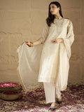 Varanga Women Brocade Gold Round Neck Zari Embroidered Sequins Embellished Kurta Set With Dupatta