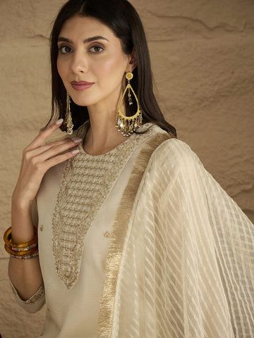 Varanga Women Brocade Gold Round Neck Zari Embroidered Sequins Embellished Kurta Set With Dupatta