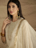 Varanga Women Brocade Gold Round Neck Zari Embroidered Sequins Embellished Kurta Set With Dupatta