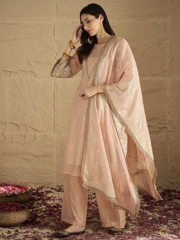 Varanga Women Elegant Three-Piece Set Featuring A Shimmer-Detailed Grey Kurta, Solid Ankle-Length Trousers, And An Embroidered Net Dupattaâ€”Perfect For Festive Occasions.