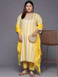 varanga women plus size yellow embroidered striped kurta with trousers dupatta