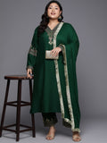 Varanga Women Plus Size Green Embroidered Straight Kurta   Paired With Tonal Embroidered Bottom And With Tonal  Chiffon Dotted Dupatta
