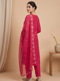 Fuchsia Straight-Fit Kurta Set With Solid Ankle-Length Trousers And An Embroidered Dupatta