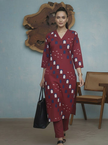 Printed Rust Red Kurta Set