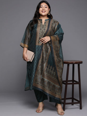 Varanga Plus Size Ethnic Motifs Printed Chanderi Silk Kurta With Trousers Dupatta