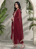 Varanga Women Maroon Round Neck, Spaghetti Strap Style Straight Kurta Paired With Tonal Bottom And Dupatta