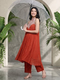 Varanga Women Halter Neck Zari And Sequence Embroidered Sleeveless Flared Kurta Paired With Tonal Bottom
