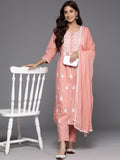 Varanga Women Pink Thread Embroidered Straight Kurta With Bottom And Dupatta
