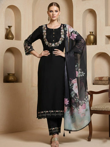 Varanga Women Floral Heavy Thread Embroidered Schffili Hem Kurta With Trouser & Dupatta