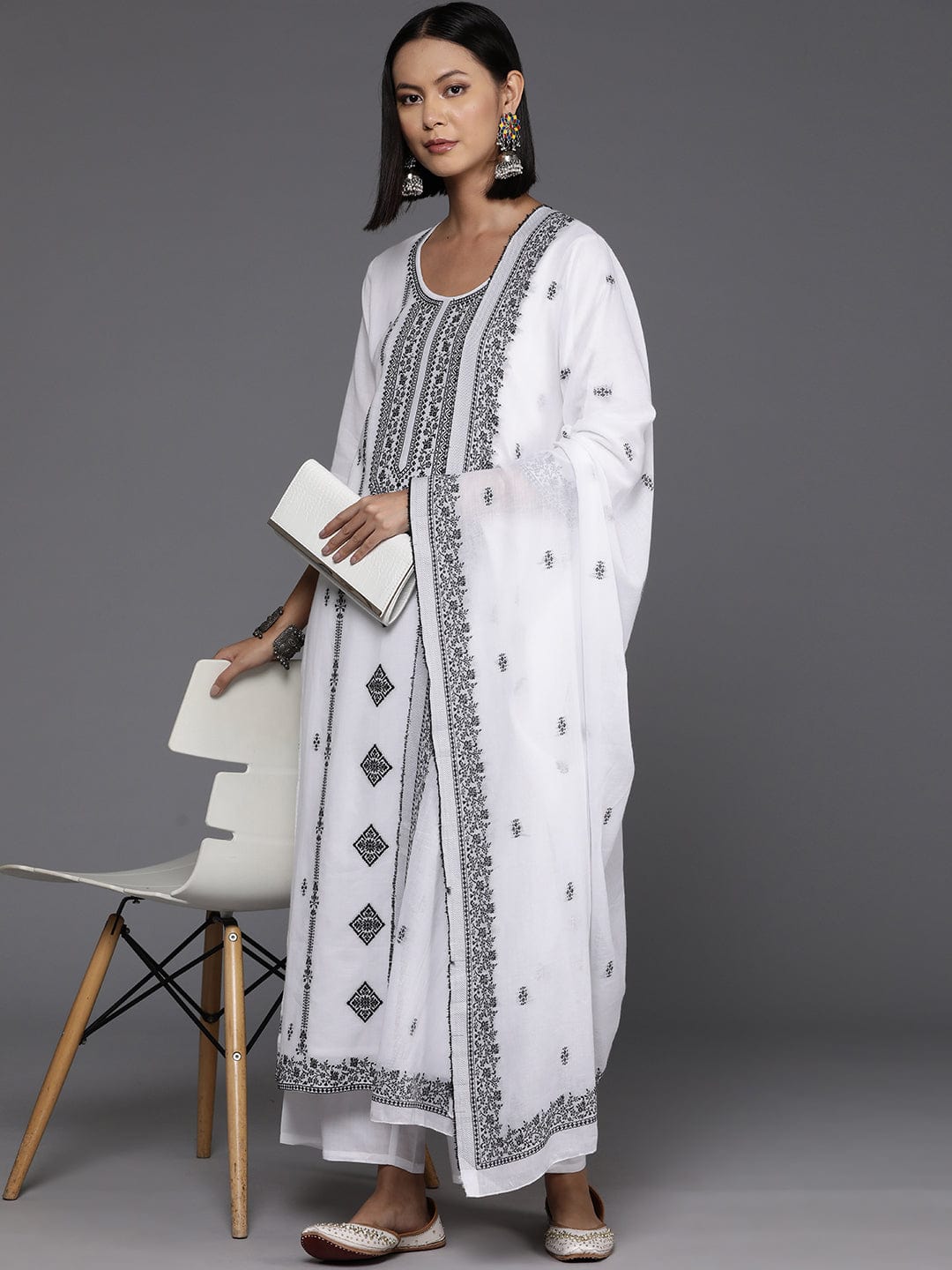 Varanga Women White & Black Woven Design Straight Kurta With Bottom And Dupatta