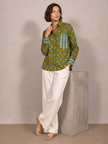 Varanga A Stylish Loose Fit Olive Green Printed Cotton Shirt