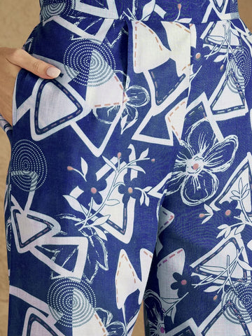 Blue and white printed straight kurta with a mandarin collar, paired with solid straight-fit trousers perfect for everyday elegance and comfort.