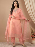 Zari-Embroidered Kurta Paired With Solid Trousers And A Tonal Dupatta .