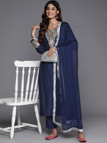 Varanga Floral Embroidered Thread Work Kurta with Trousers & Dupatta
