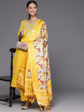 Varanga Women Yellow Gota Embroidered Straight Kurta With Tonal Bottom And Printed Dupatta