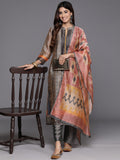 Varanga Women Ikkat Printed Grey Peach Mandrin Collar Straight Kurta With Bottom And Printed Dupatta