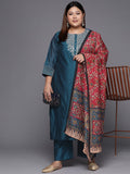 Varanga Women Plus Size Teal Blue Yoke Design Chanderi Silk Kurta with Trousers & Dupatta