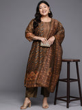 Varanga Women Plus Size Brown Ethnic Motif Placket Embroidered Straight Kurta Paired With Tonal Solid Bottom And Printed Dupatta