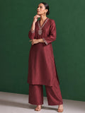 Womens Maroon Mirror-Work Silk Kurta Set