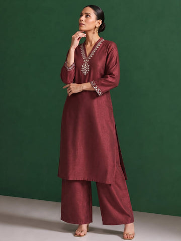 Womens Maroon Mirror-Work Silk Kurta Set