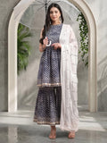 Varanga Blue And White Leheriya Halter Neckline Gota Work Kurta With Sharara And Sequins Emebllished Dupatta.
