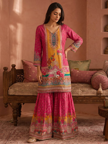 Ethnic Printed Kurta Set With Matching Palazzo And Dupatta