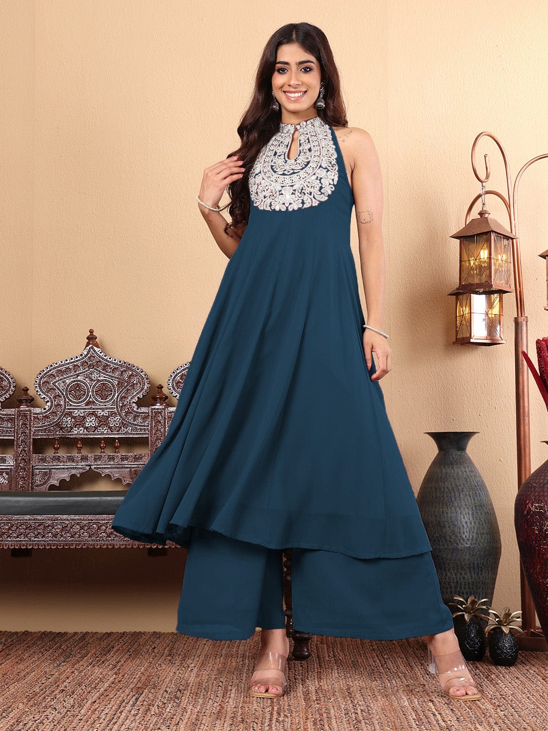 Varanga Women Nude Yoke Embroidered Sleeveless Flared Kurta With Trousers.