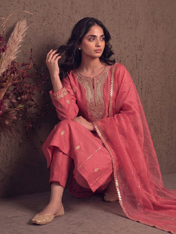 Salmon Pink Zardosi Embroidered Silk Suit Set